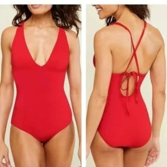 NWT Andie  Bali One Piece Swimsuit Deep V Neck Removable Cups ST/MT Cherry Red - Picture 5 of 13
